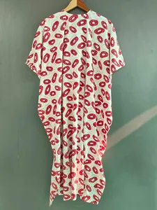 Vestido maxi caftán bohemio chic con estampado a mano, cuello en V, corte holgado para mujer, ropa de algodón para resort, vestido informal de verano - Product Image 1