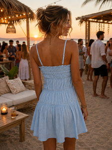 Light Blue Sweet Solid Spaghetti Strap Sleeveless Mini <b>Dress</b> Square Neck <b>Ruffle</b> Hem Loose A-Line Woven Fabric Button Front - Product Image 2