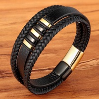 Nouveaux bracelets en cuir véritable à 3 couches, style géométrique tendance noir et or, fermoir magnétique en acier inoxydable pour hommes, accessoires de bijoux