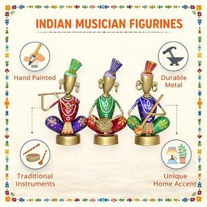 Ensemble de 3 figurines de musiciens du Rajasthan en métal faites à la main, décoratives et colorées, pour la maison, cadeau culturel - Product Image 3