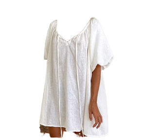 White <b>Linen</b> V-Neck Sleep <b>Top</b> With Drawstring Closure Short Sleeve Casual Women Summer Breathable Knee Length Sleepwear - Product Image 6