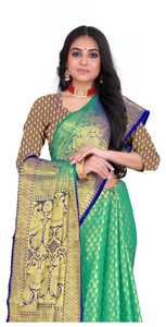 Sari en soie Banarasi de créateur, le plus vendu, avec bordure riche en Zari doré, pour tenue de mariée et cérémonie de fiançailles, disponible en promotion. - Product Image 4