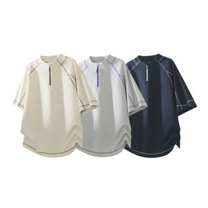 Men's Regular Fit Short Sleeve T-Shirt 100% Cotton Vintage Breathable Eco-Friendly Knitted Casual O-Neck <b>Zipper</b> <b>Top</b> - Product Image 1