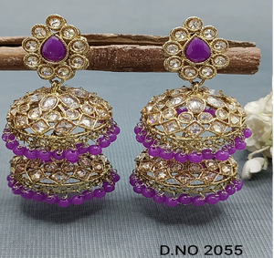 Twini ต่างหูโคมระย้า polki mehandi jhumki คลาสสิก A-7 SKU 2055ของผู้หญิงที่มีการออกแบบลายดอกไม้ทองเหลืองประดับทับทิม - Product Image 3