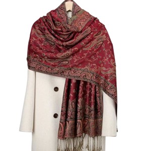 Women's Long Cashmere <b>Shawl</b> Maroon Winter <b>Wrap</b> Scarf with Fringe Edge - Product Image 4