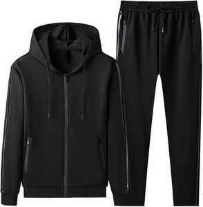 Ensemble de survêtement imprimé respirant noir pour homme, sweat à capuche zippé et pantalon de survêtement à cordon de serrage, tenue sportive streetwear deux pièces - Product Image 1