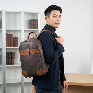 Unisex Brown Genuine Leather <b>Backpack</b> Vintage Style Adjustable <b>Strap</b> Zipper Closure Daily Use 20-35L High Quality Breathable - Product Image 1