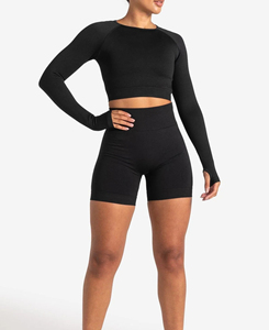 2026 Wholesale Women's Solid Black 2 Piece Yoga Set Breathable Long Sleeve <b>Crop</b> <b>Top</b> Mid Waist Shorts Seamless Low MOQ 180g - Product Image 1