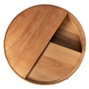 Table basse moderne avec plateau coulissant facilement, en bois d'acacia massif de forme ronde et pieds en métal - Product Image 6