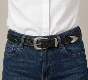 Ceinture Western Classique en Cuir Noir Gravé, Unisexe, avec Boucle en Argent à Motifs Floraux, Ensemble de 3 Pièces, en Cuir de Vachette Premium RUB - Product Image 2