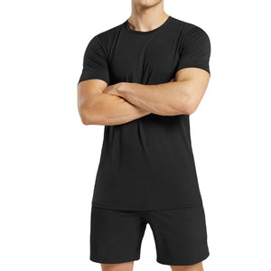 Men's Black Short Sleeve O-Neck T-Shirt And Shorts Set Slim Fit Casual Quick Dry Knitted Solid Color <b>Twinset</b> 100% Cotton - Product Image 1