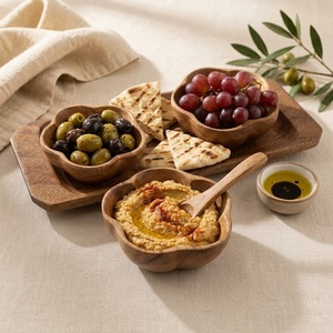 Premium Handcrafted Acacia Wood Serving Set Eco-Friendly Scallop Flower Shape Small Bowls with Rectangular <b>Tray</b> for Snacks Dips - Product Image 5