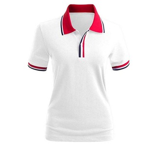 White <b>Women's</b> Polo Shirt With Red Collar And Trim Short Sleeve Casual Knitted Solid Color Sport <b>Top</b> - Product Image 5