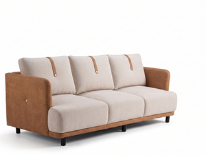 Sofá moderno de tres plazas tapizado con cojines de tela y detalles en cuero para sala de estar - Product Image 4