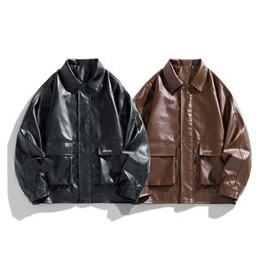 Chaquetas de Hombre de Alta Gama para Otoño e Invierno, Cuello Mao, Color Sólido, Cierre de Botón, Bolsillos, Estilo Casual, Holgadas, Manga Larga, de Cuero Genuino - Product Image 4