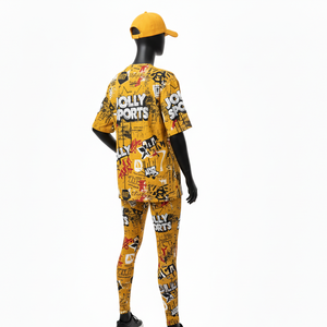 Ensemble de leggings en coton doux de haute qualité 200 GSM, extensible avec élasthanne, couleur jaune moutarde, logo imprimé par sublimation graffiti, pour femmes - Product Image 4