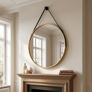 20 Inch Round Wall Mounted Vanity <b>Mirror</b> with Leather Strap and <b>Gold</b> Frame - Product Image 1