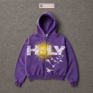 Holy Sun Bird <b>Graphic</b> Purple <b>Zip</b> <b>Up</b> <b>Hoodie</b> Oversized Vintage Streetwear Distressed Print Hooded Sweatshirt Casual Unisex Urban - Product Image 5