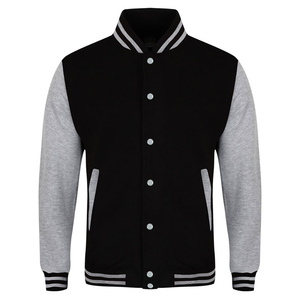 Veste varsity personnalisée noire et grise, style letterman, corps en laine, manches contrastées, style bomber, vêtement décontracté imprimé. - Product Image 6