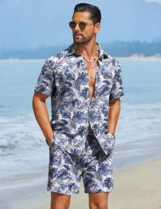 Conjunto de Camisa de Manga Corta con Botones y Pantalones Cortos a Juego con Estampado de Hojas Tropicales Monocromáticas para Hombre, Atuendo Ligero Informal de Verano - Product Image 3