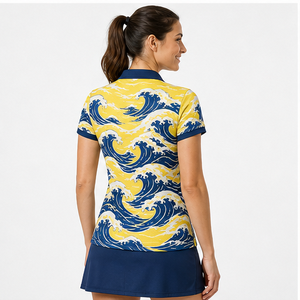 Polo à manches courtes pour femme avec logo personnalisé, motif vague océanique jaune et bleue, séchage rapide, sublimation, vêtements de sport de golf - Product Image 1