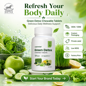 Comprimés à croquer Elma Food Green Detox, enzymes digestives, soutien naturel à la détoxification, certifiés Halal, GMP, HACCP, 60 unités, OEM, ODM - Product Image 1