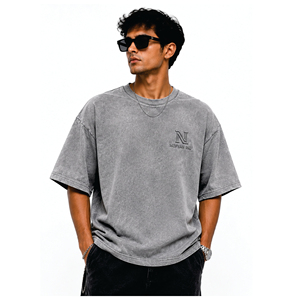 เสื้อยืดโอเวอร์ไซส์สีเทา ผ้าฝ้าย 100% แบบย้อมสีเอซิดวินเทจ สตรีทแวร์ เป็นมิตรกับสิ่งแวดล้อม ระบายอากาศได้ดี รับผลิตแบบ OEM ODM แบรนด์ส่วนตัว - Product Image 1