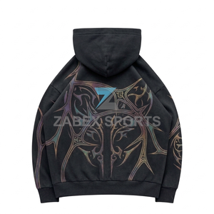 Sudadera con capucha y cremallera de algodón afelpado con pedrería, corte regular, estilo casual, lavado, para hombre - Product Image 2