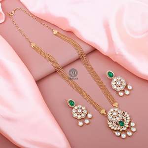 Aroo Emerald Green Polki Designer Bridal Pendant Set-Platinum Rose Cut Diamond & Freshwater Pearl - Product Image 1