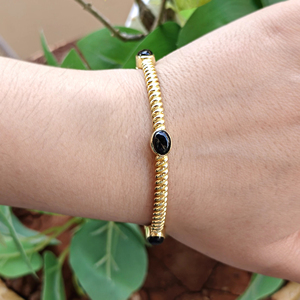 Black Green Oval Onyx Stone Women's Adjustable Cuff <b>Bracelet</b> Twisted <b>Rope</b> Texture Handmade 18k Gold Plated Bezel Set Open Bangle - Product Image 6