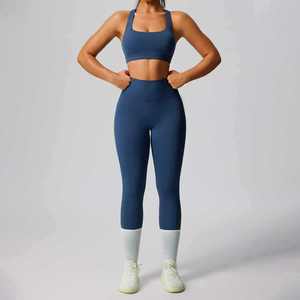 Ensemble de leggings et soutien-gorge de sport unisexe bleu marine, respirant, séchage rapide, évacuation de l'humidité, ajusté, sans couture, taille élastique, motif lettres, tout-en-un - Product Image 2
