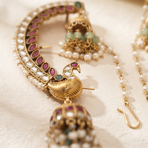 Traditional Imitation Antique Gold Plated Style Kundan Peacock Emerald Cut <b>Ear</b> <b>Cuff</b> Jhumka <b>Earrings</b> Pearl Beads Drop for Women - Product Image 3
