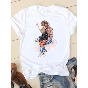 T-shirt blanc à manches courtes et col rond pour femme avec imprimé mère et bébé, décontracté, toutes saisons, tissu jersey 100% coton - Product Image 4