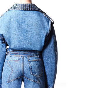 Women's PU Leather Thin <b>Denim</b> Motorcycle <b>Jacket</b> Full Sleeve Zipper Closure Turn-down Collar Rivet Decoration Short Length Autumn - Product Image 2