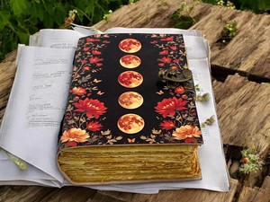 สมุดบันทึกปกดอกไม้ลายดวงจันทร์ Herb Heritage หน้ากระดาษสีทอง ตัวล็อคโลหะ เย็บเข้าเล่มด้วยมือ ปกหนังสีดำ สมุดวาดภาพ - Product Image 3