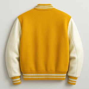 Veste de baseball varsity en laine jaune de haute qualité pour hommes, avec manches en cuir blanc et patch en chenille avec lettres. - Product Image 2