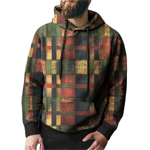Sweat-shirt à capuche vintage pour homme, imprimé patchwork à carreaux, tricoté en blocs, graphique, faible MOQ, vente en gros - Product Image 2