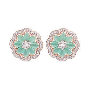RAY FINE ORNATES Rose Gold Flower Pendant Mint Cubic Zirconia Brass Handmade Jewelry Floral Pendant Necklace & Earring Set - Product Image 2