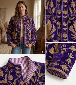 Veste en velours violet foncé Suzani, broderie à la main en points de chaînette dorés métalliques, blazer de luxe, art populaire indien, doublure en coton rayé - Product Image 4