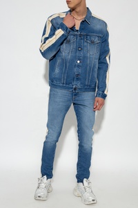 Veste en jean délavé pour homme avec bandes latérales crème, boutonnée, coupe décontractée, style automne, en coton tissé - Product Image 2