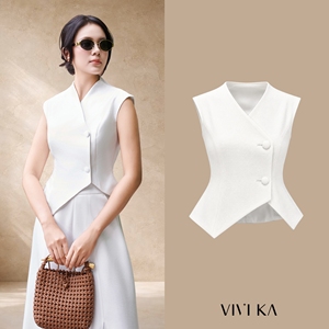 Chaleco Corto sin Mangas con Cuello en V Blanco para Mujer, Chaleco Entallado con Botones al Frente, Estilo Minimalista, Trajes de Oficina, GLENDA - Product Image 1