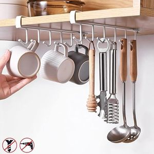 Étagère métallique sous-armoire avec crochets pour ustensiles de cuisine et rangement de tasses, design minimaliste, type crochet durable - Product Image 1