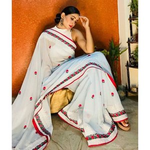 FANTAISIE GEORGETTE BRODERIE BUTTA TRAVAIL SAREE AVEC CHEMISIER NON COUDU BLANC - Product Image 4