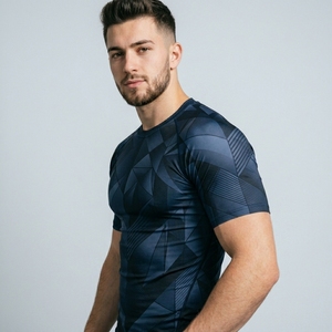 Mens Sporty Athletic Compression Jersey Solid Half Sleeve Shirt Front Fitted Custom Fitness Workout Gym Training Running Sports - Product Image 2