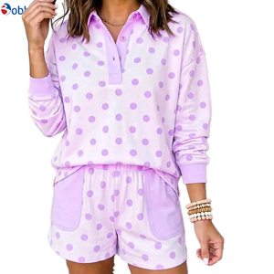 Outfit Hot Selling Polka Dot Polo Collar 2 Piece Set Custom Streetwear Contrast Color Sports <b>Top</b> patched Pocket Shorts Short Set - Product Image 1