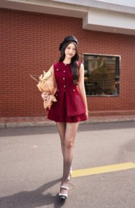 Women's Two Piece Set <b>Red</b> Tweed Sleeveless Blazer <b>Top</b> Pleated Skirt O Neck Button Front Preppy Style Autumn Outfit SAHRA - Product Image 2