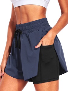 Shorts en tricot bleu marine pour femmes, taille haute, cordon élastique, sportif, séchage rapide, coupe régulière, couleur unie - Product Image 4