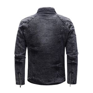 Veste en jean noir délavé personnalisée pour homme, fermeture éclair intégrale, manches longues, col montant, style streetwear décontracté - Product Image 2
