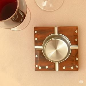 Handcrafted Acacia Wood <b>Ashtray</b> with Steel Inlay | Wooden Table Decor | Handmade Indian Craft for Home or Office By NS Overseas - Product Image 5