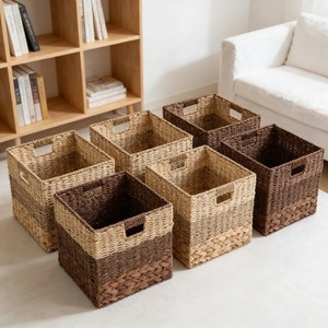 <b>Square</b> seagrass <b>basket</b> combining 3 materials Handmade Storage <b>Basket</b> Wholesale eco-friendly Made in Vietnam - Product Image 1